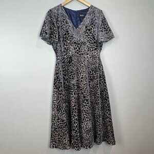 Bigio Collection‎ Blue Tan Dress Size 6 Burnout Flutter Short Sleeves Fit Flare